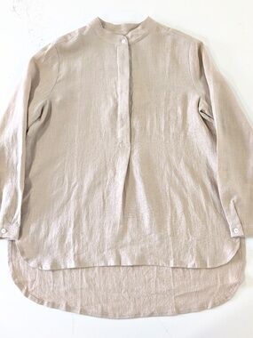 OFFON Linen Mandarin Collar Popover Shirt M Beige Tan Tunic Half Placket NWT
